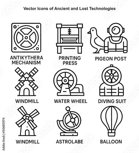 Black and White Vector Icons of Ancient and Lost Technologies