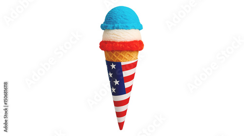 Patriotic Red, White, and Blue Ice Cream Cone with American Flag Wrapper – 4th of July Dessert (Transparent Background)

