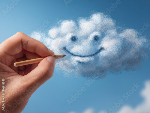 Creative hand painting a smiling cloud in a clear blue sky