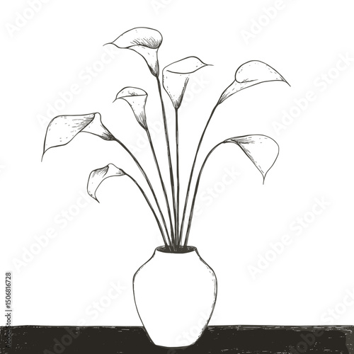 Calla lilies in a vase drawing monochrome minimalist vector
