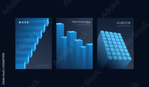 Isometric Blue 3D Abstract Poster Set – Technology & Structure Concept
