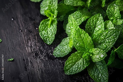 Lush vibrant mint leaves on dark wood background showcasing fresh dewy green foliage perfect for culinary and cosmetic