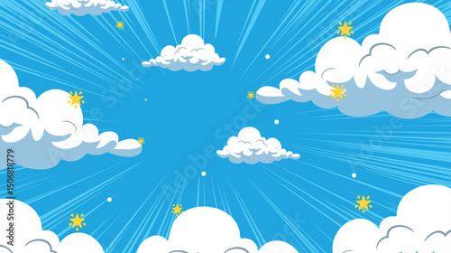 Comic cartoon blue background Cartoon Blue Sky Background with Clouds and Sunbursts Vector Illustration