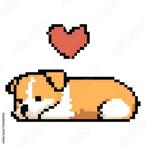 Cute dog sleepy pixel heart illustration vector