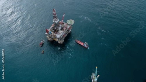 Aerial view of an offshore oil platform with support vessels in the ocean
