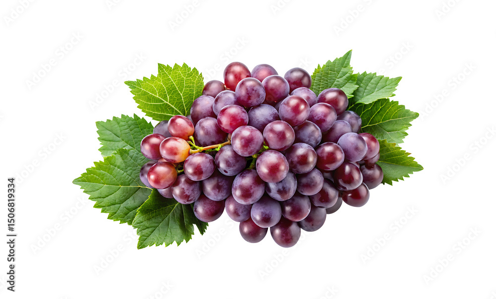 Fototapeta premium Bunch of fresh ripe red grapes with leaves on a white background