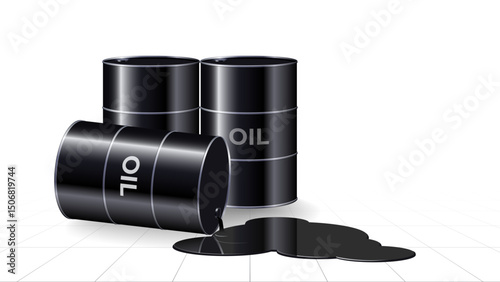 Black barrels with crude oil, petroleum products. Spilled puddle of crude oil. Realistic black metal barrel for fuel. Concept of falling prices, crisis, pollution. Low price. Vector illustration
