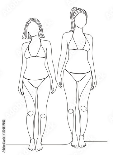 continuous single line art of two sexy women standing in bra and panties. vector illustration