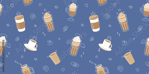 Coffee cup seamless pattern with doodles. Flat style coffee wallpaper template. Cup of hot drink ornament