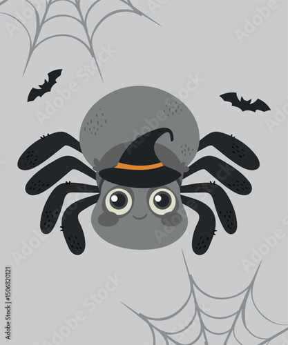 Flat Design Spider Wearing Magic Hat and Spider Background