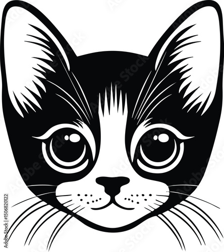 Cat face portrait, black outline clipart style illustration, transparent background vector