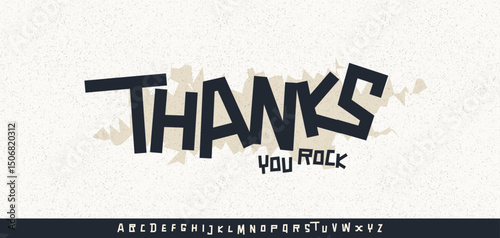 Graffiti comic style phrase thanks, jagged letters. Urban torn edge typography looks dynamic, edgy. Perfect for rock posters, teen merch, sticker packs, alternative prints. Vector illustration.