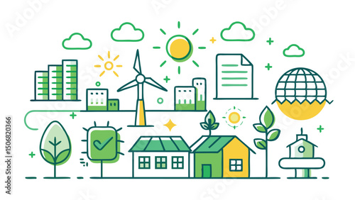 Sustainable Cityscape Illustration with Renewable Energy and Eco Friendly Living