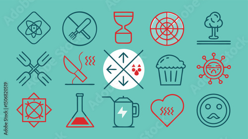 Collection of Line Art Icons Representing Various Concepts on Teal Background
