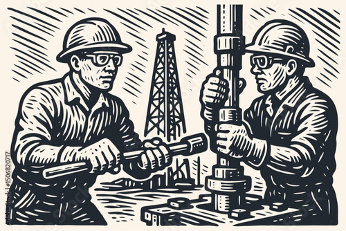 Two oil workers in hard hats & glasses at a rig, one uses a wrench on a large pipe. Oil derrick in background. Vintage woodcut/engraving style vector. B&W.