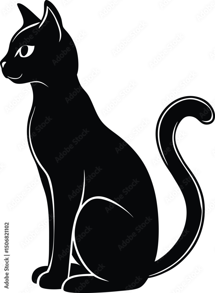 Naklejka premium Elegant Black Cat Silhouette with Curled Tail and White Outline