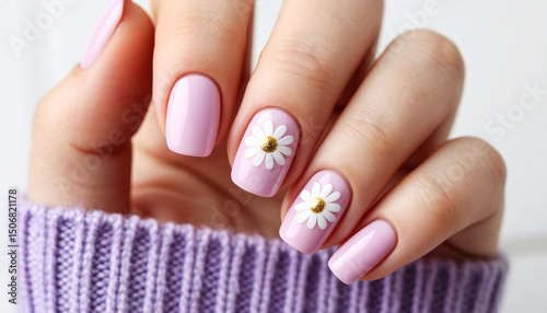 A close-up of a woman's hand with light pink gel polish and a delicate pattern of white daisies on short square nails