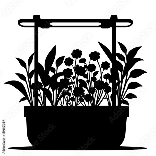 Silhouette of Indoor Vertical Garden with Grow Lights for Home Cultivation