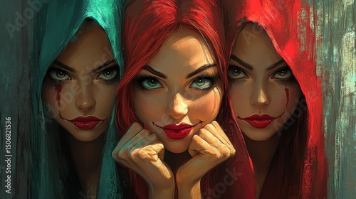 Three mysterious women with colorful hoods, expressive eyes, and striking features.
