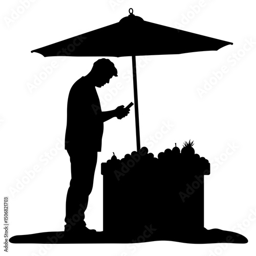 Silhouette of Fruit Vendor Arranging Produce Under Sunshade at Market