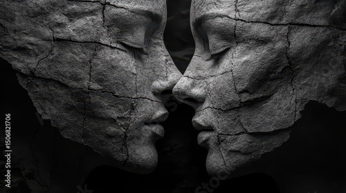Two stone faces touching, symbolizing unity and connection, on black background.