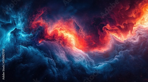 Vibrant cosmic cloud with swirls of blue and orange against a dark backdrop.