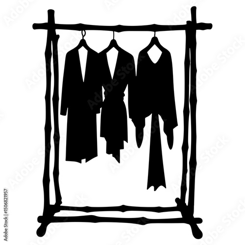Silhouette of Bamboo Clothing Rack with Apparel for Sustainable Fashion
