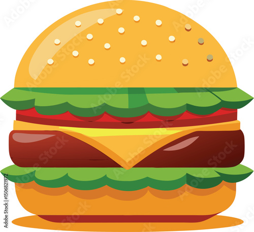 A delicious grilled beef hamburger with cheese, lettuce, and tomato on a sesame bun, isolated on a white background