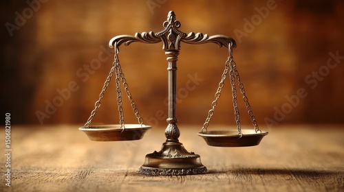 Vintage brass scale on wooden background, symbolizing justice and balance.