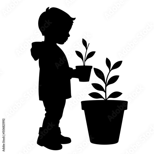 Silhouette of Child with Plant Pot Illustrating Environmental Stewardship