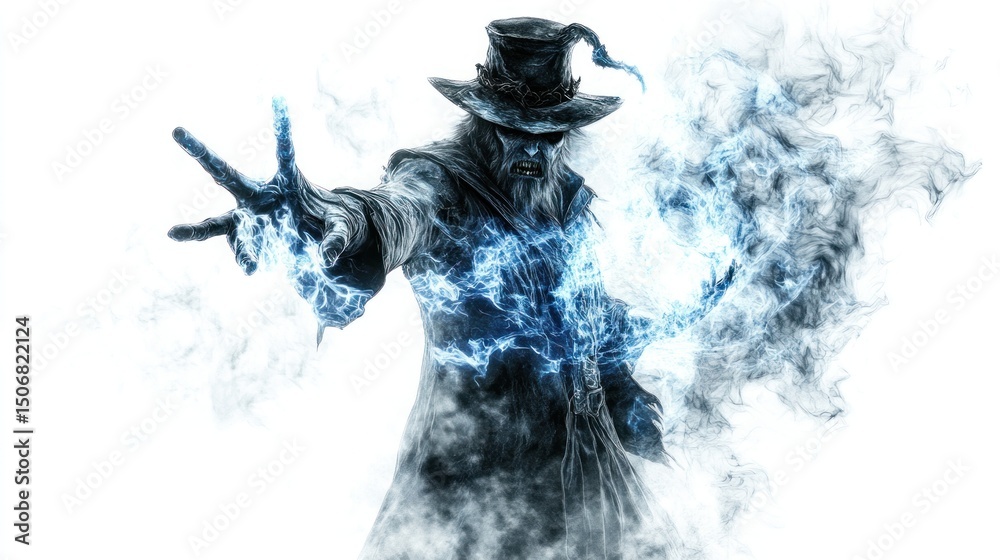 Obraz premium Dark Fantasy Sorcerer Casting Spell, Mystical Blue Energy, Grim Reaper Aesthetic