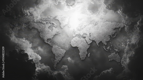 World map illustration with clouds, dramatic lighting, monochrome style.