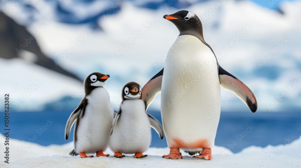 Obraz premium Charming Gentoo Penguins with Chicks in Icy Antarctic Landscape