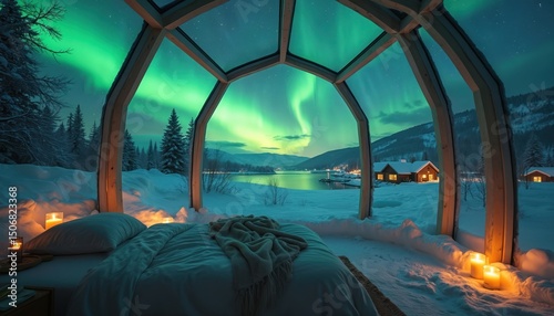 Stunning Northern Lights from glass igloo. Aurora borealis, green lights over snowy landscape, peaceful scene with lake, cabins. Magical winter vacation, travel in Scandinavia. Cozy interior, candles