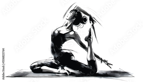  A black and white artistic illustration of a woman practicing yoga in a graceful pose, symbolizing peace, balance, and vitality. The ink style enhances its elegance and spiritual essence