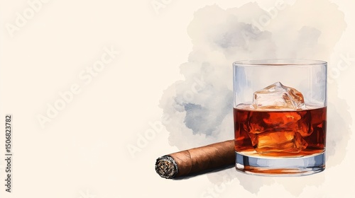 Watercolor Painting of Whiskey Glass with Amber Liquid and Ice Cubes Next to a Cigar on a Soft Background