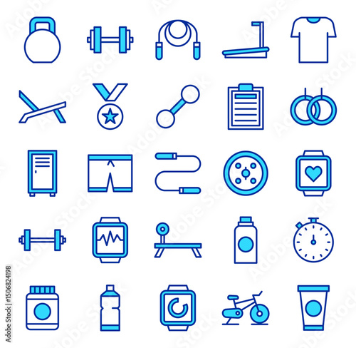 Fitness & Gym Icons Set: Workout, Sport, Healthy Lifestyle, Exercise Equipment & Activity Symbols. Editable Vector