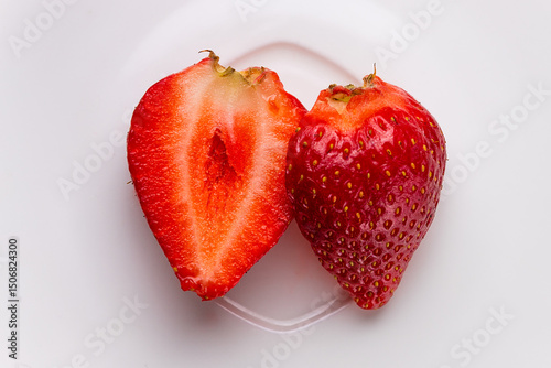 Sliced Strawberry on White Plate – Close-Up
