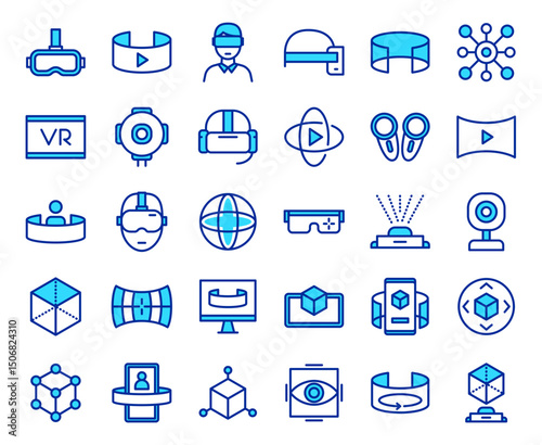 Virtual & Augmented Reality Line Icons Set: Metaverse, VR Headset, Digital Experience & Futuristic Technology Symbols. Editable Vector