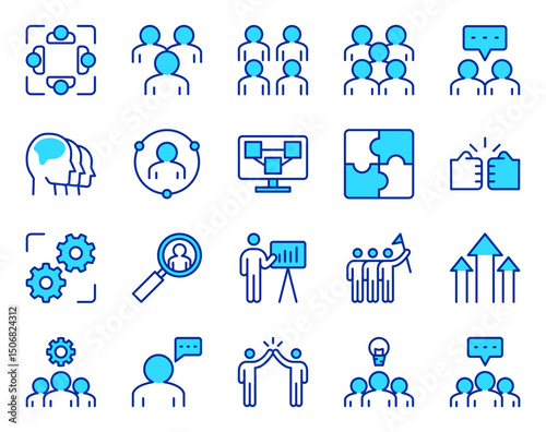 Business Teamwork & Collaboration Line Icons Set: Leadership, Success, Communication, Strategy & Human Resources Symbols. Editable Vector