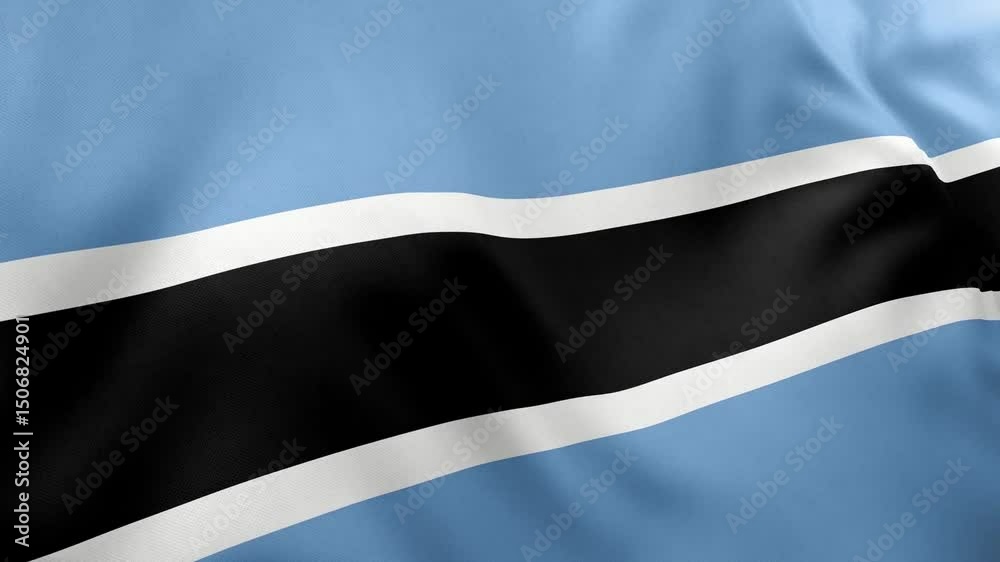 Realistic waving flag of Botswana, light blue field, black stripe, white fimbriation. Southern African nation symbol, Gaborone, patriotism, Botswana