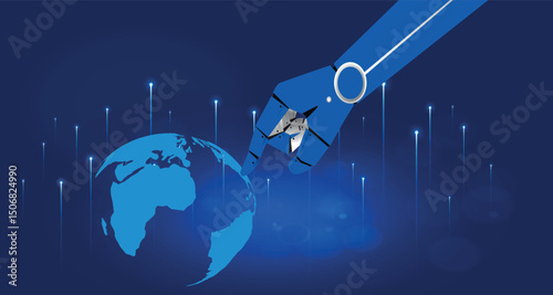 Robot hand touch the finger with world globe on blue background