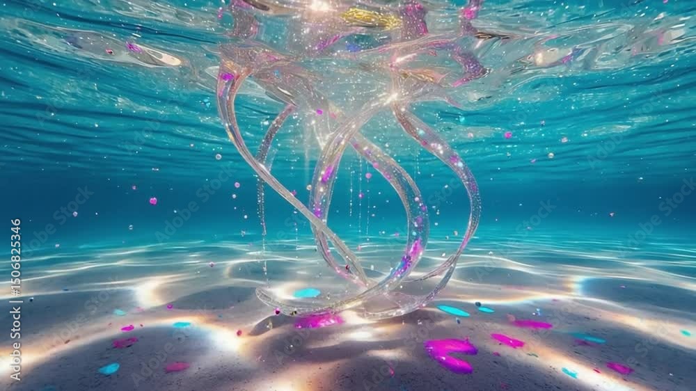 serene underwater environment, streams glitter fluid flow gracefully, colorful sand particles. Neon blue pink specks life. holographic marble mystical footage crisp, cinematic focus on fluid 4k video