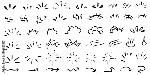 Line marker hand drawn brush arrow element set. Sketch pencil stroke vector graphic pen underline scribble icon. Hand drawn line heart, crown, star symbol highlight marker shape. Vector illustration