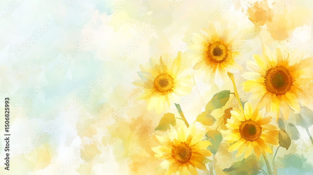 Obraz premium 青空とひまわりのイラストgenerative ai