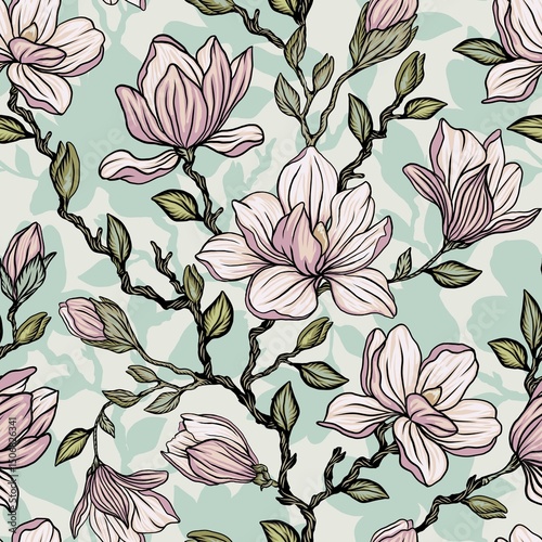 Seamless vector pattern with blooming magnolia isolated on a changeable background. Vintage painting style illustration.
