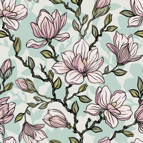 Seamless vector pattern with blooming magnolia isolated on a changeable background. Vintage painting style illustration.
