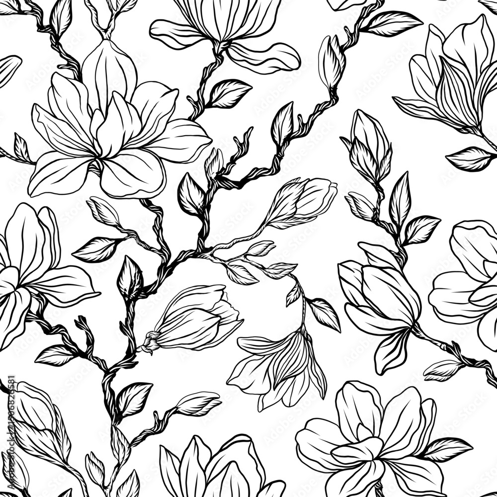 Fototapeta premium Vector seamless pattern with outline magnolia flower, decorative buds and leaves. Elegant floral background in outline style for summer design and coloring.
