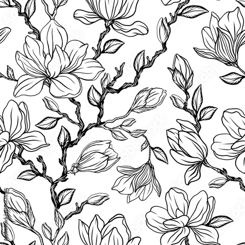 Vector seamless pattern with outline magnolia flower, decorative buds and leaves. Elegant floral background in outline style for summer design and coloring.