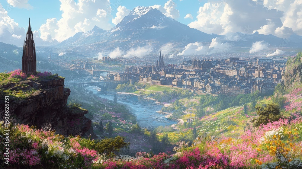 Obraz premium Scenic View of Arthur's Seat Overlooking Edinburgh with Vibrant Flowers and Majestic Mountains